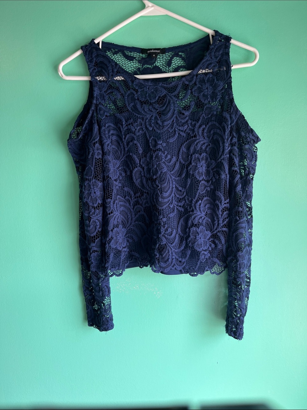 Ambiance Navy Lace Cold-Shoulder Crop Top